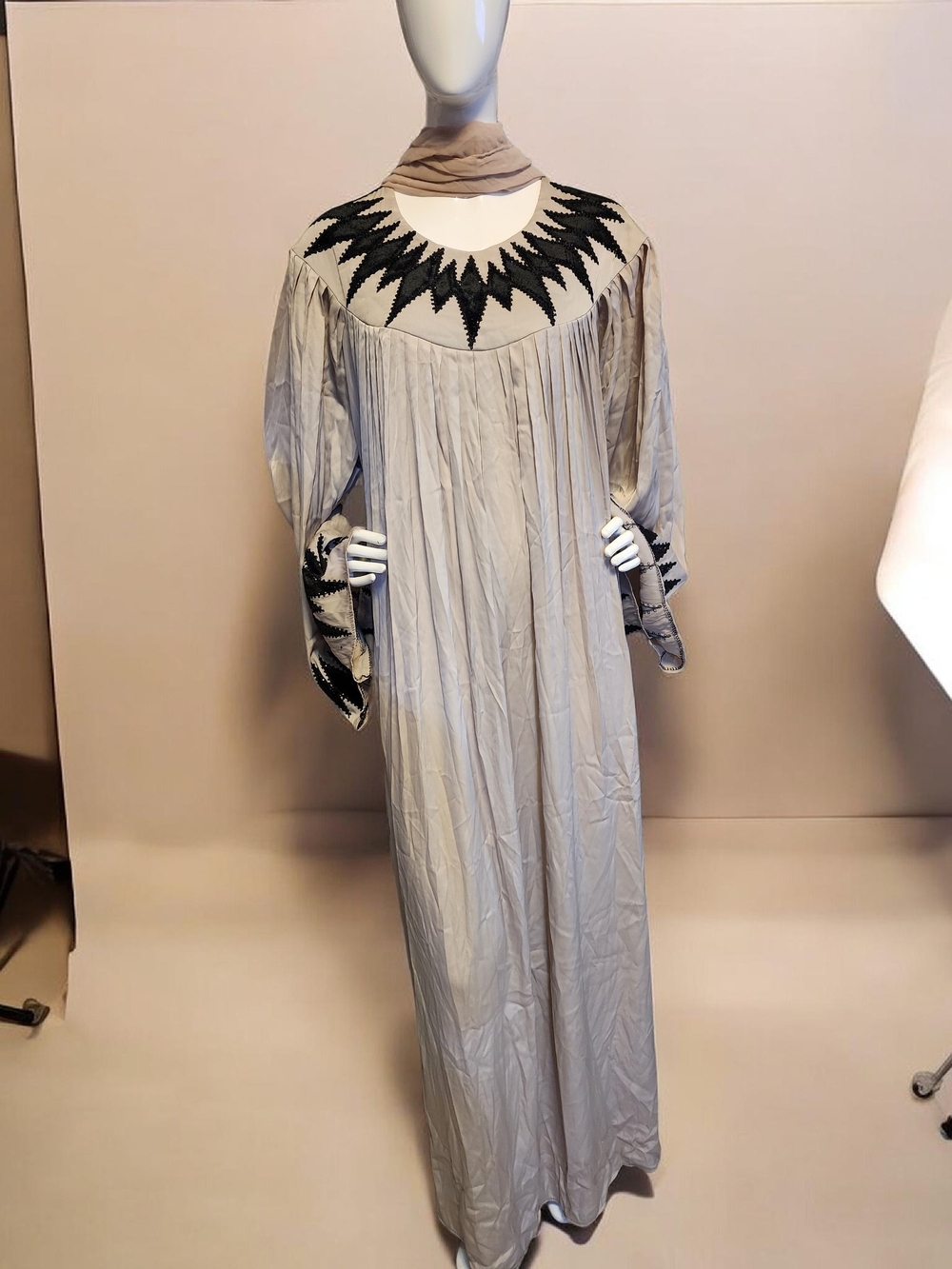 Moderate Gray Maxi Dress with Black Embroidered Yoke